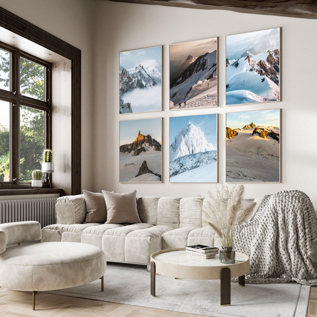 Bright, airy living space featuring six Chamonix mountain prints in a clean gallery wall arrangement.