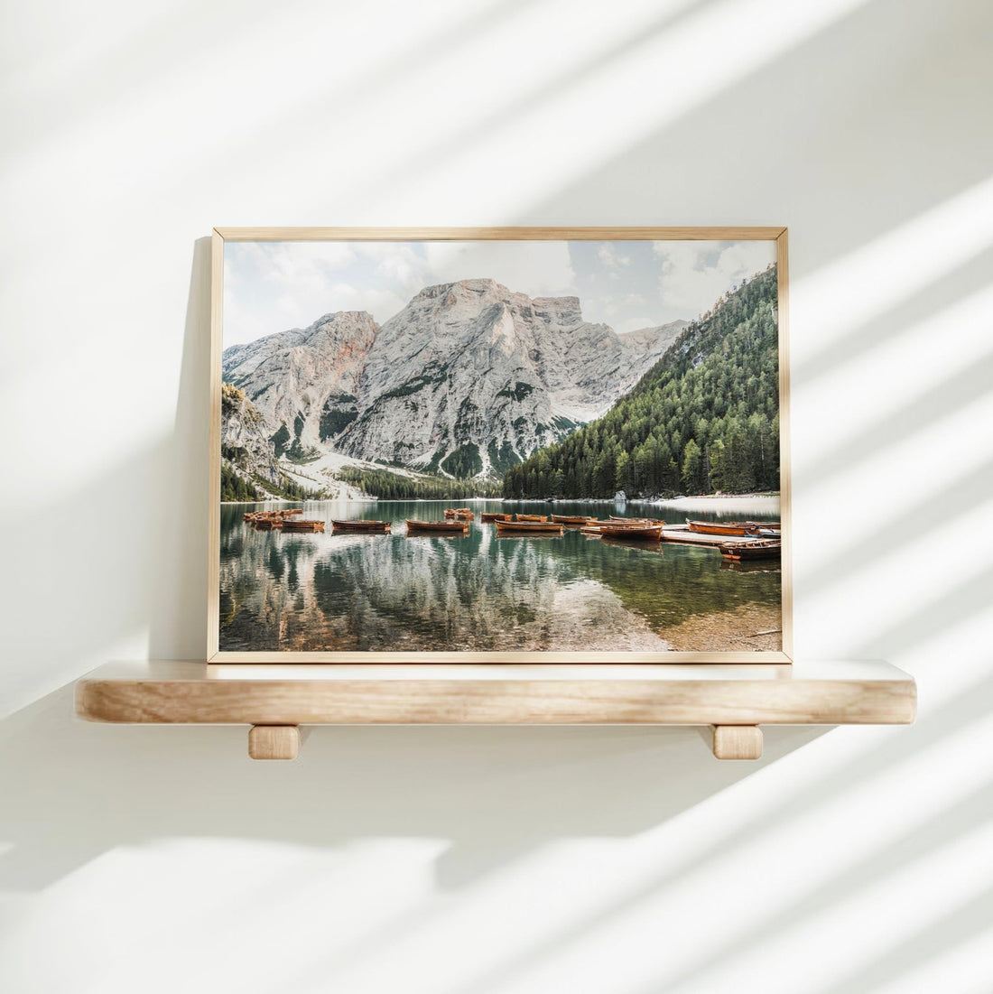 Scenic Lago di Braies mountain lake print showing reflections of the Dolomites, perfect for modern alpine wall decor.