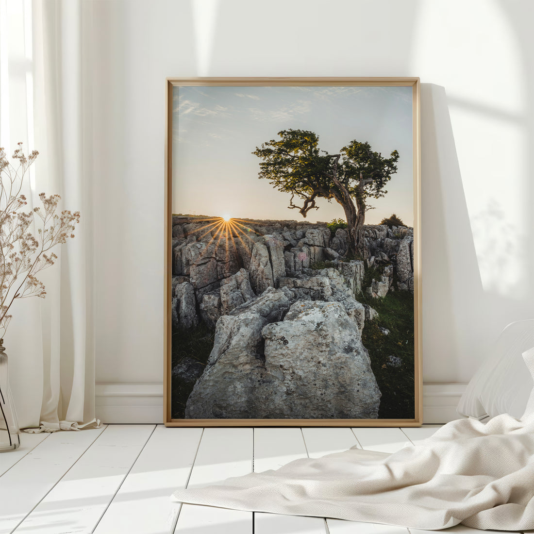 Wall art print of Yorkshire limestone cliffs lit by warm sunset light