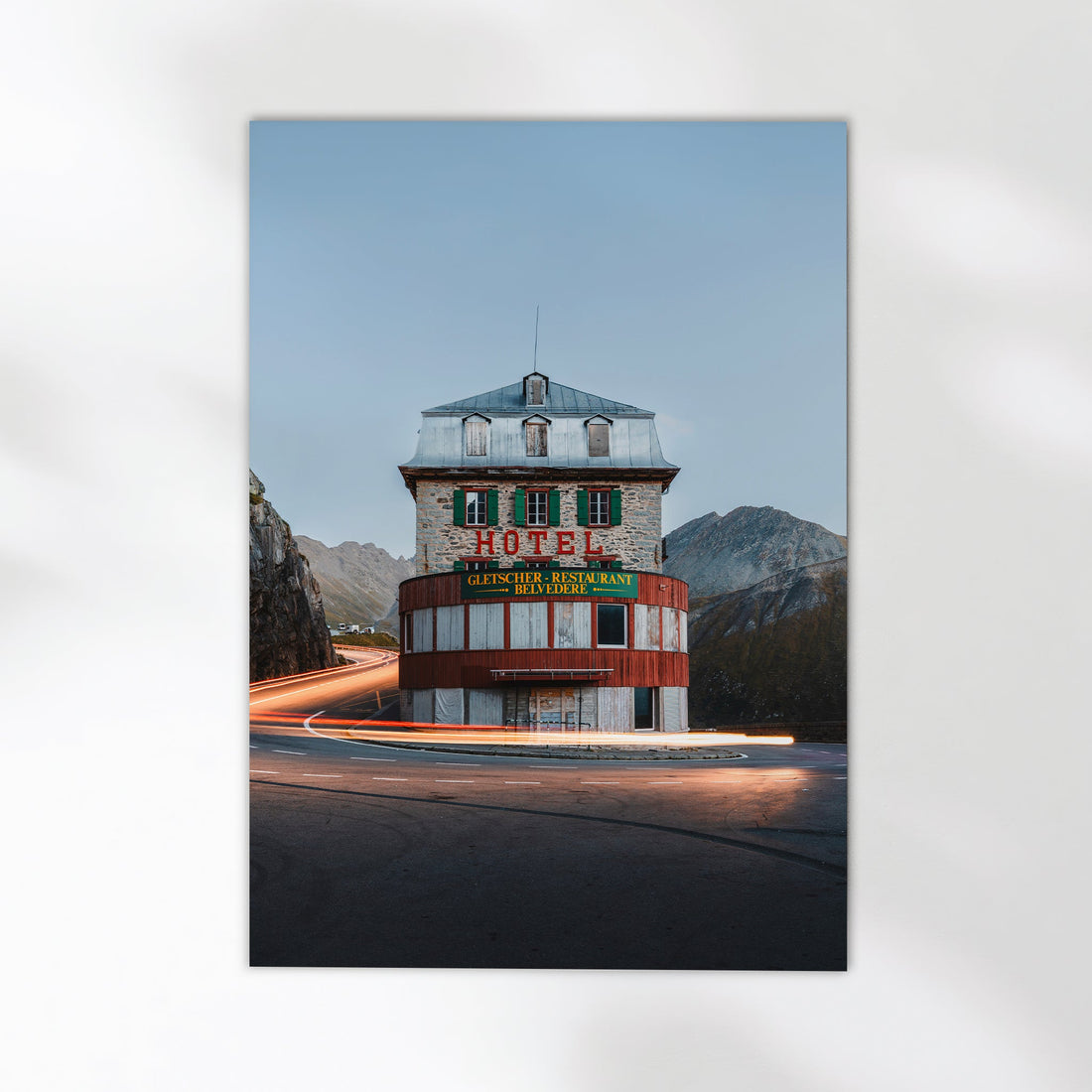 Moody photography print of the abandoned Belvedere Hotel at Furka Pass, capturing Swiss mountain nostalgia.