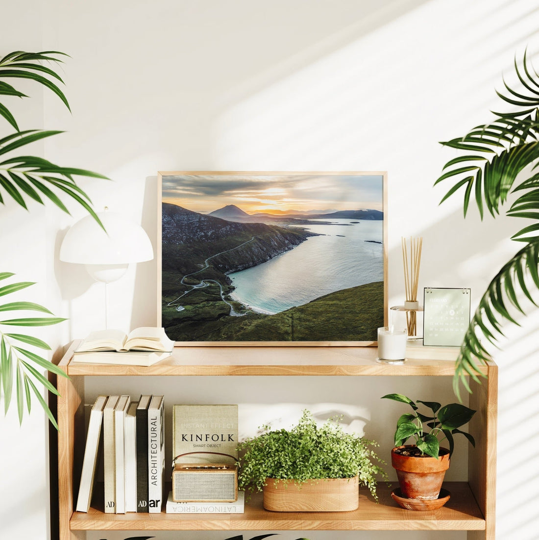 Keem Beach photography print on a bookshelf with houseplants and books