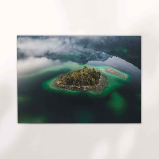 Drone view of Eibsee in Bavaria with turquoise lake reflections