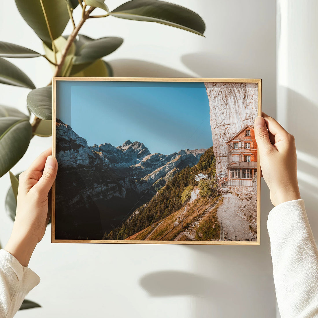 A breathtaking Aescher Berggasthaus cliffside wall art print, capturing the magic of the Swiss Alps.