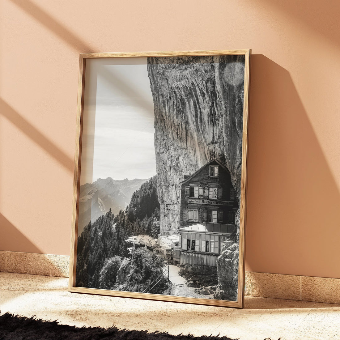 Elegant black-and-white fine art print of Aescher Guesthouse, a historic mountain hotel in Switzerland.