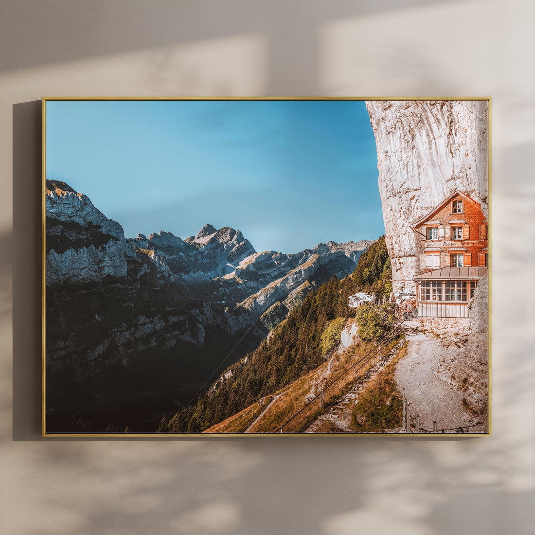 Stunning Aescher Guesthouse wall art print showcasing the iconic Swiss Alps mountain lodge built into a cliffside.