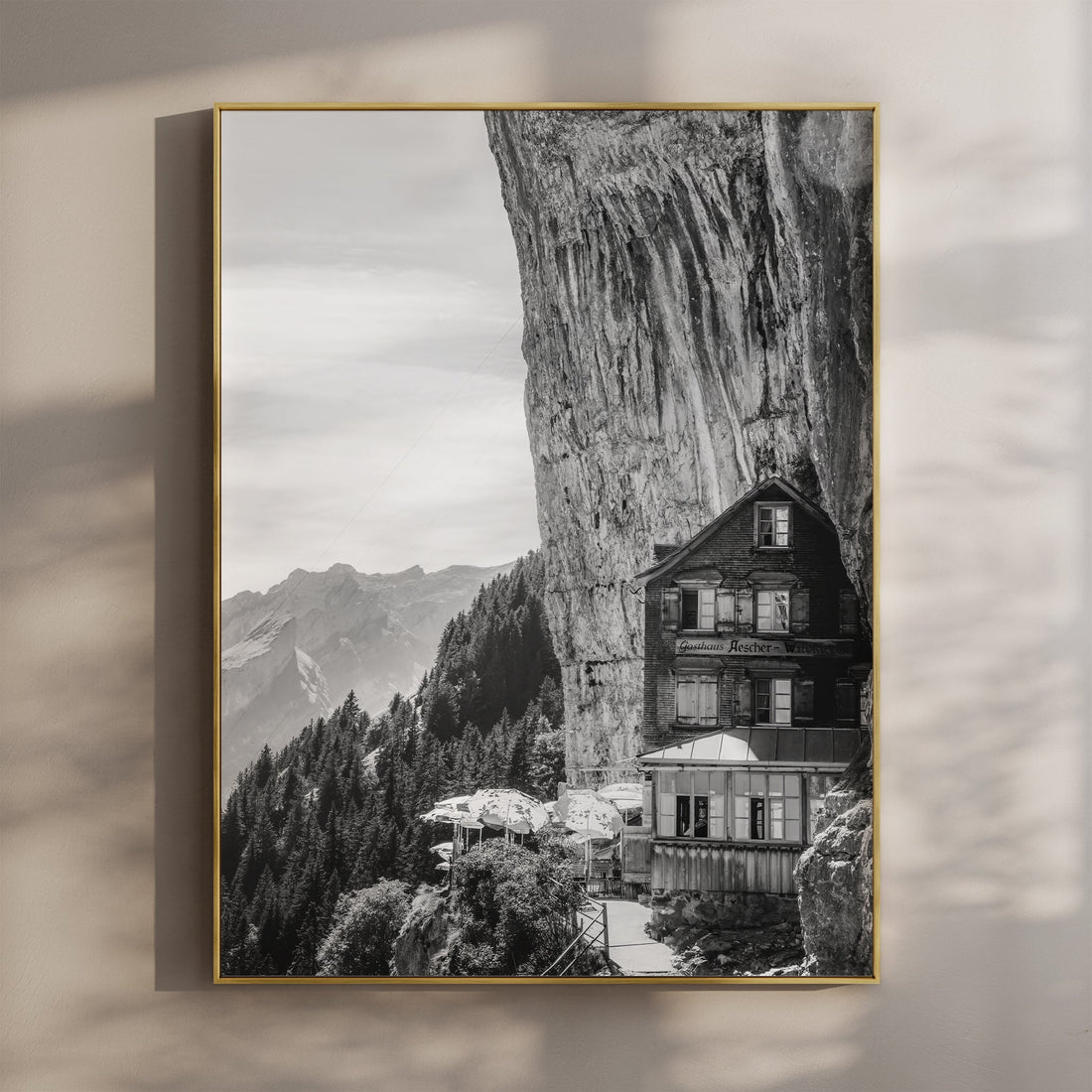 Aescher Guesthouse wall art print featuring a historic Swiss mountain lodge built into a cliffside.