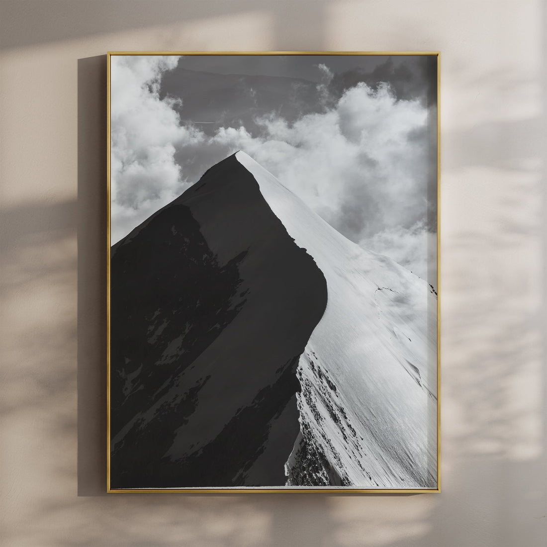 Elegant black and white mountain photography print of Aiguille de Bionnassay, perfect for modern wall decor.