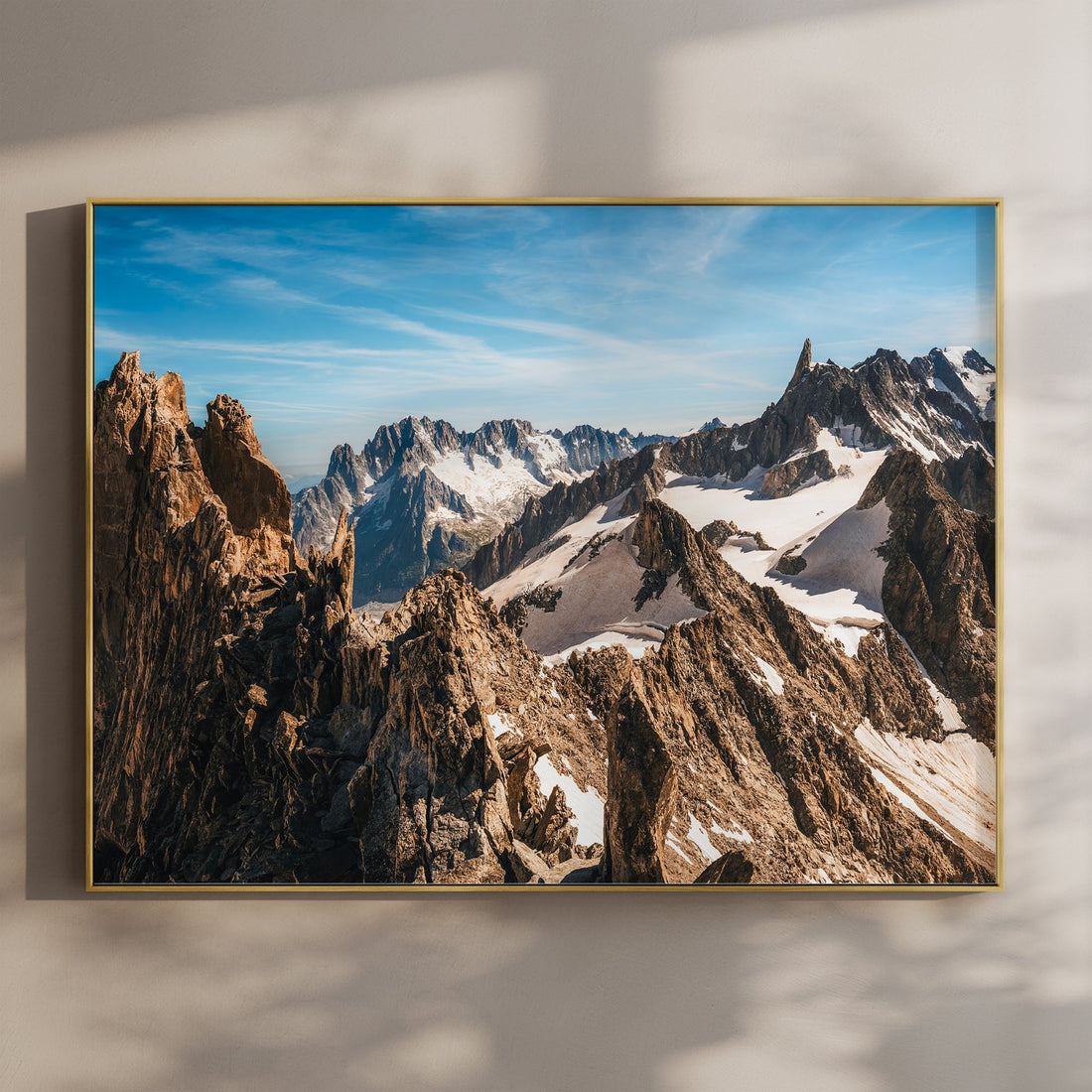 Aiguille d'Entrèves wall art print featuring jagged alpine peaks under a crisp blue sky in the French Alps.
