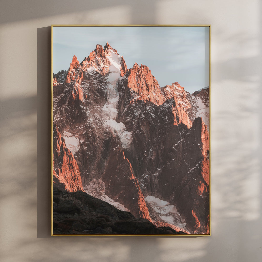 Striking wall art print of Aiguille de Chamonix, featuring golden hour light on the rugged French Alps.