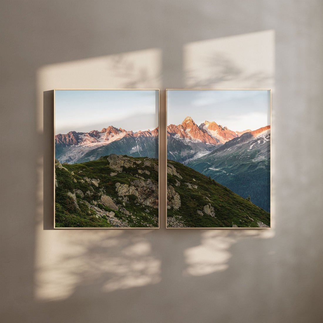 Framed wall art featuring Aiguille du Chardonnet, showcasing alpine sunrise over green hills and jagged peaks