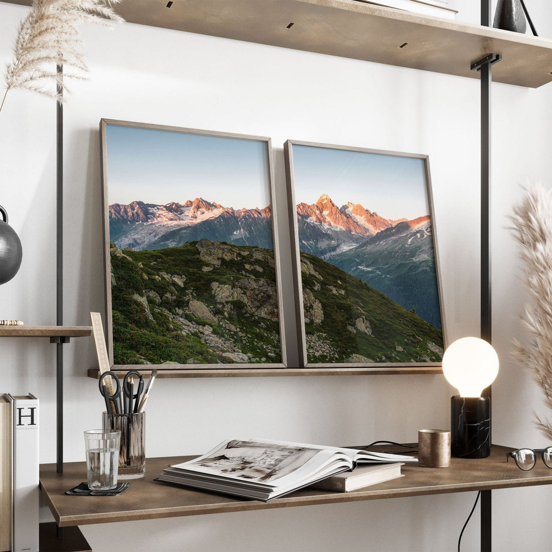 Aiguille du Chardonne mountain range with sunrise glow, framed in light wood against floral wallpaper