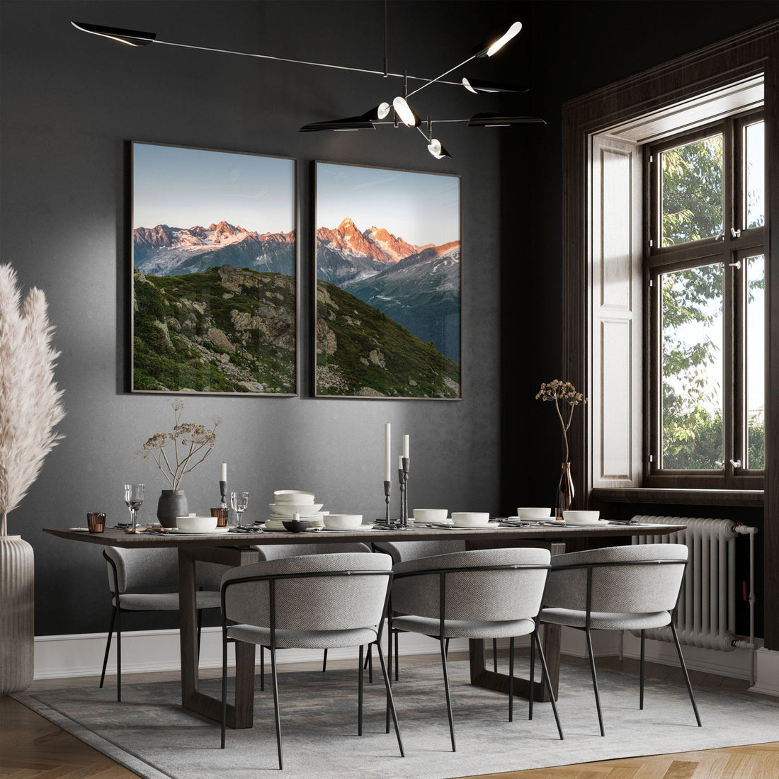 Aiguille du Chardonnet sunrise over alpine peaks, framed in a modern black minimalist setting