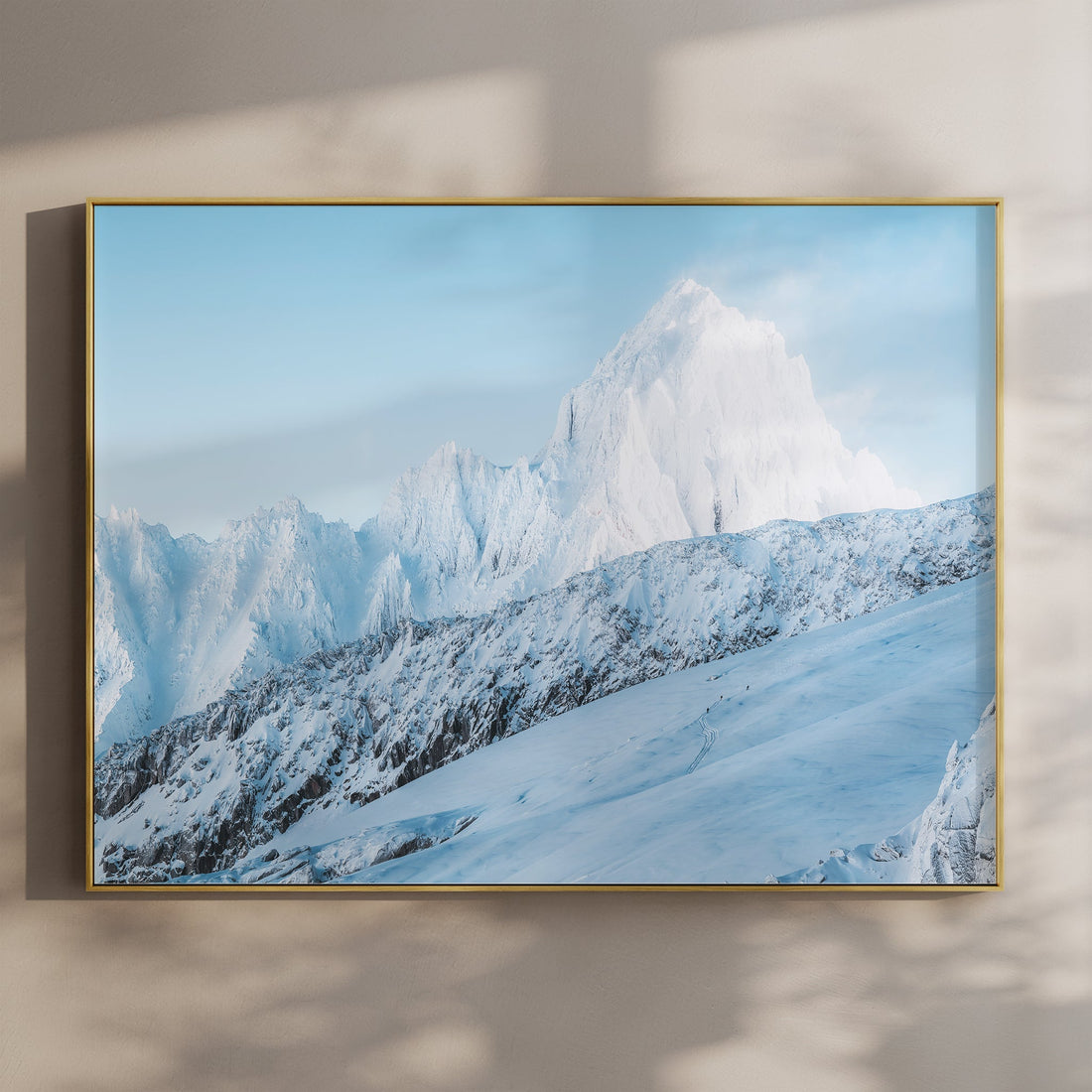 Fine art print of Aiguille du Chardonnet in the Alps, capturing fresh snow and early light near Chamonix, France.