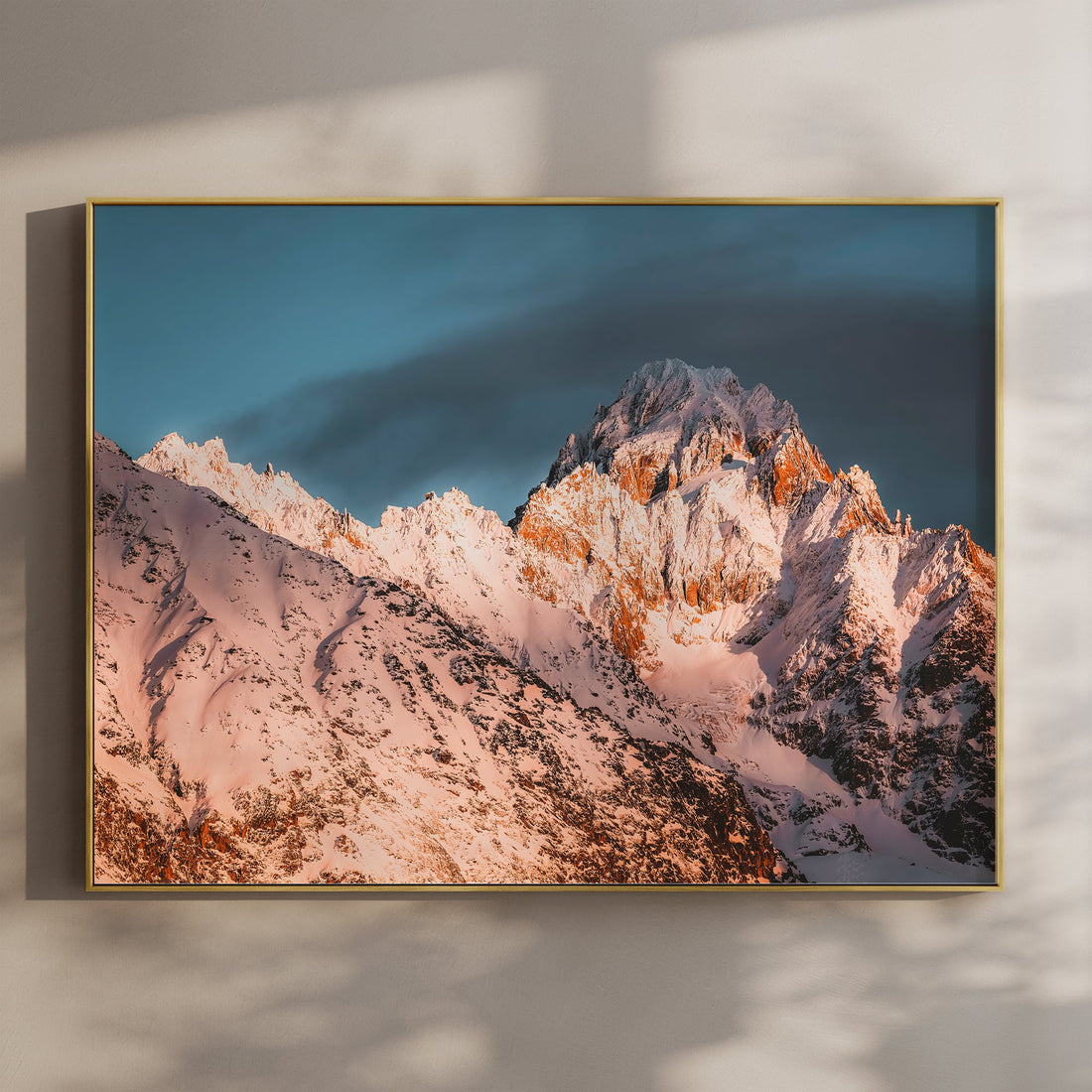 Aiguille du Chardonnet wall art print with glowing sunset light on snow-covered peaks in Chamonix, French Alps.
