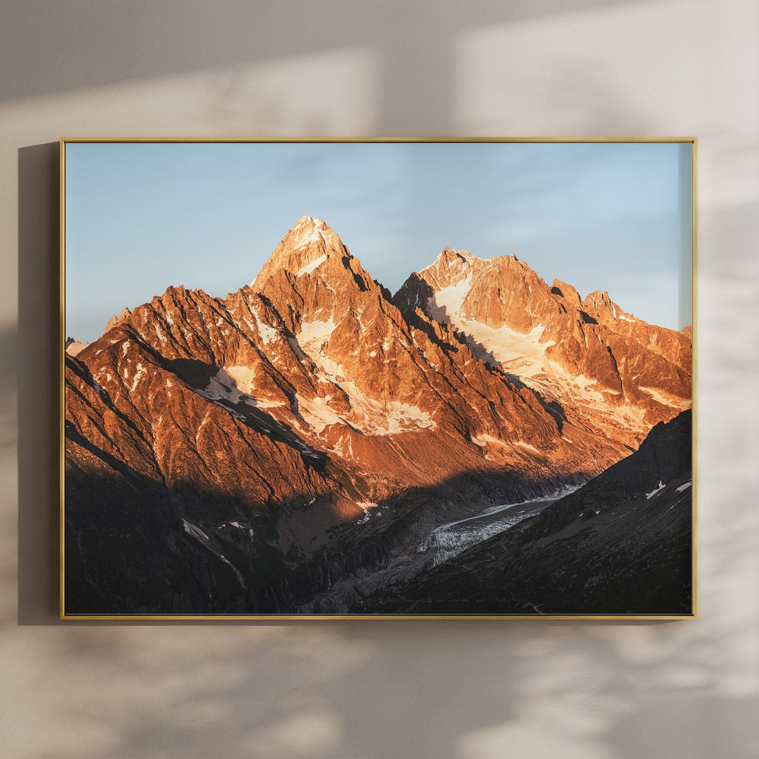 Aiguille du Chardonnet wall art print capturing golden alpine light over the rugged peaks of the French Alps.