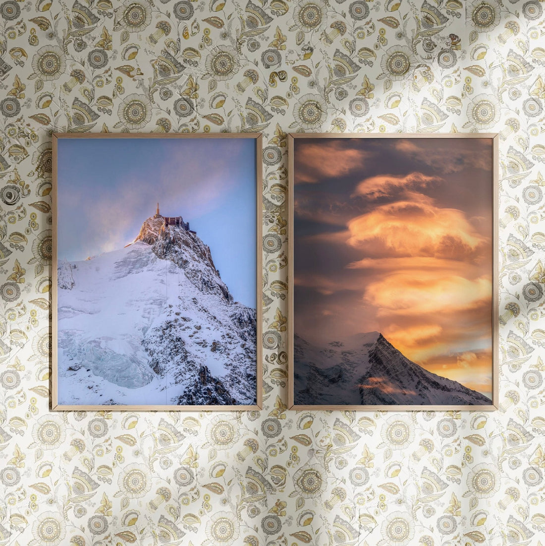 Aiguille du Goûter sunset mountain photography framed and hung on patterned wallpaper.