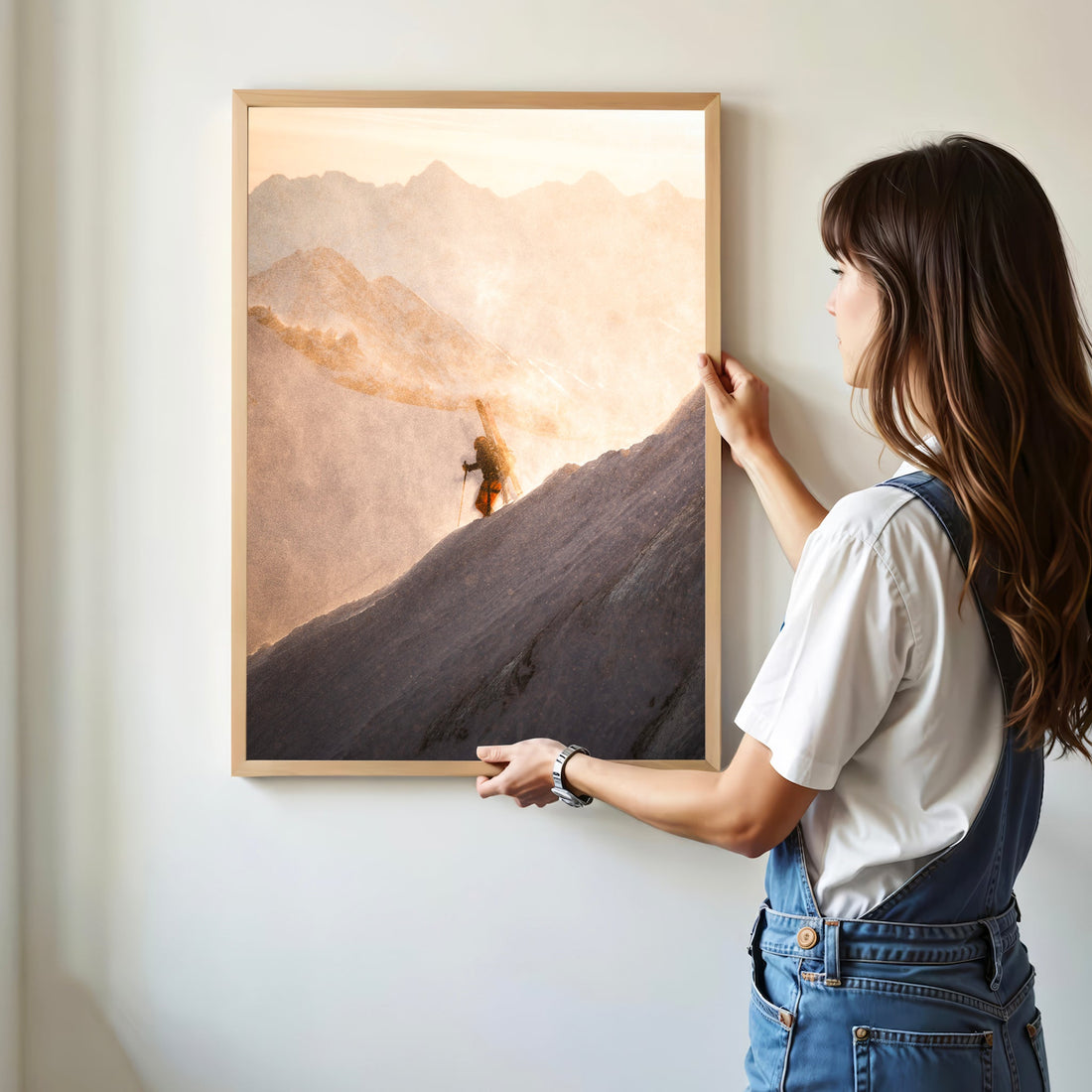 Alpine climbing photography print of mountaineers scaling the Aiguille du Midi ridge in winter.