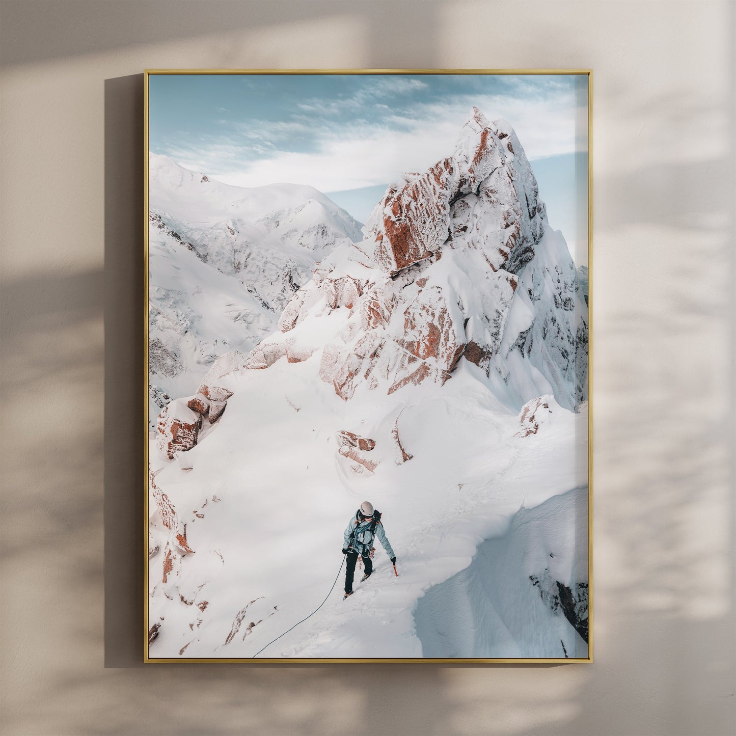 Stunning Aiguille du Midi alpine climbing photography print showcasing an extreme high-altitude ascent.