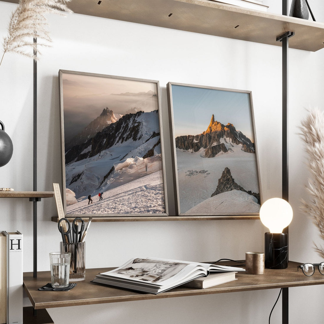 Aiguille du Midi and Dent du Géant prints displayed on a modern shelf.