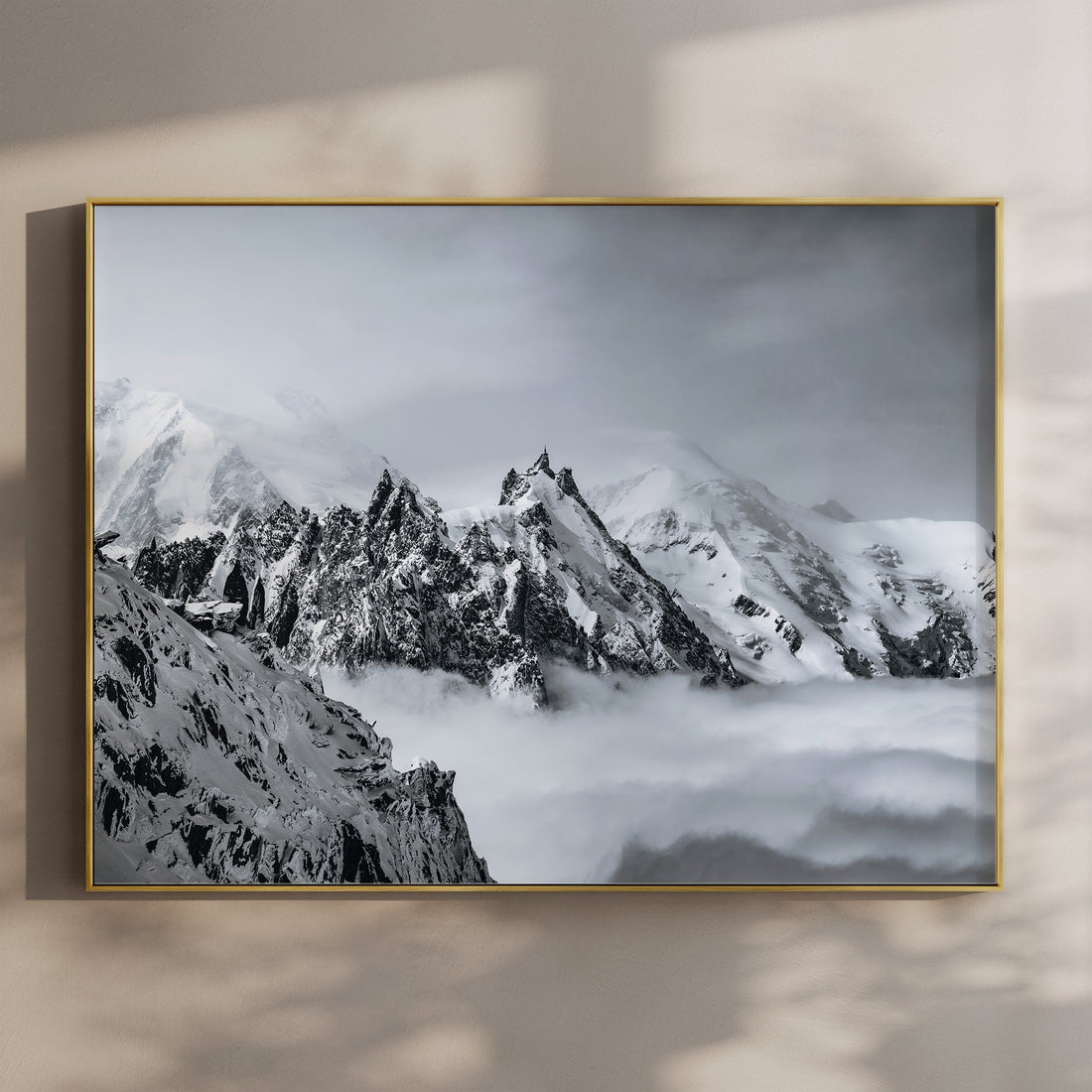 Black and white wall art print of Aiguille du Midi and Mont Blanc covered in snow