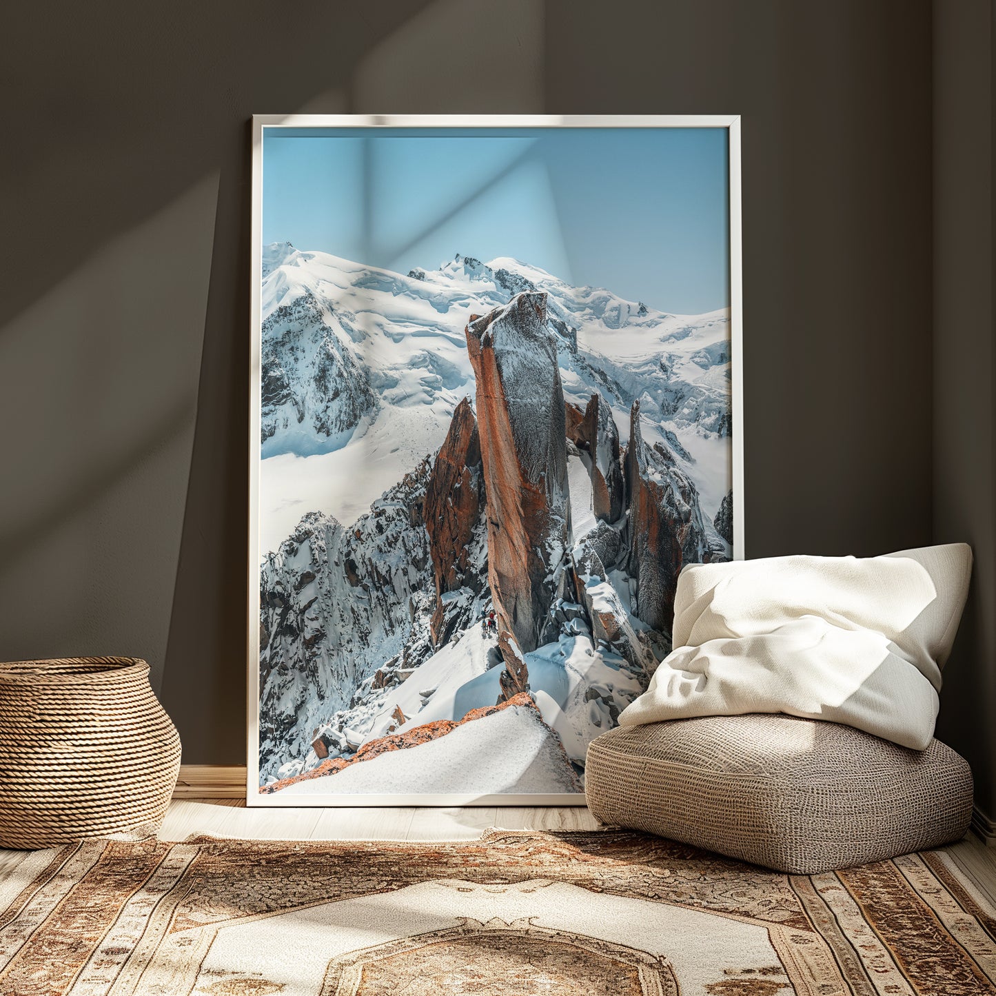Aiguille du Midi mountain print with climbers on snow ridge