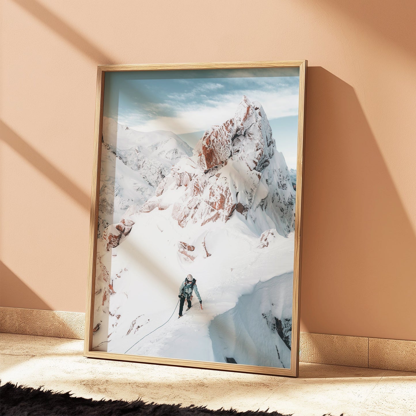 Alpine expedition photography print capturing an extreme ascent on Aiguille du Midi’s Cosmiques Ridge.