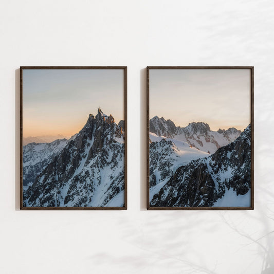 Minimalistic display of Aiguille du Midi at sunrise on a modern desk with neutral decor elements