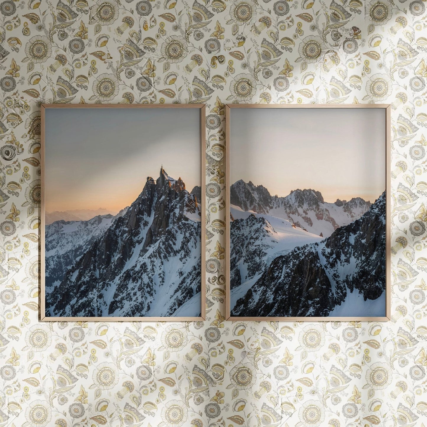 Elegant dining room decor featuring Aiguille du Midi prints at sunrise with neutral grey tones
