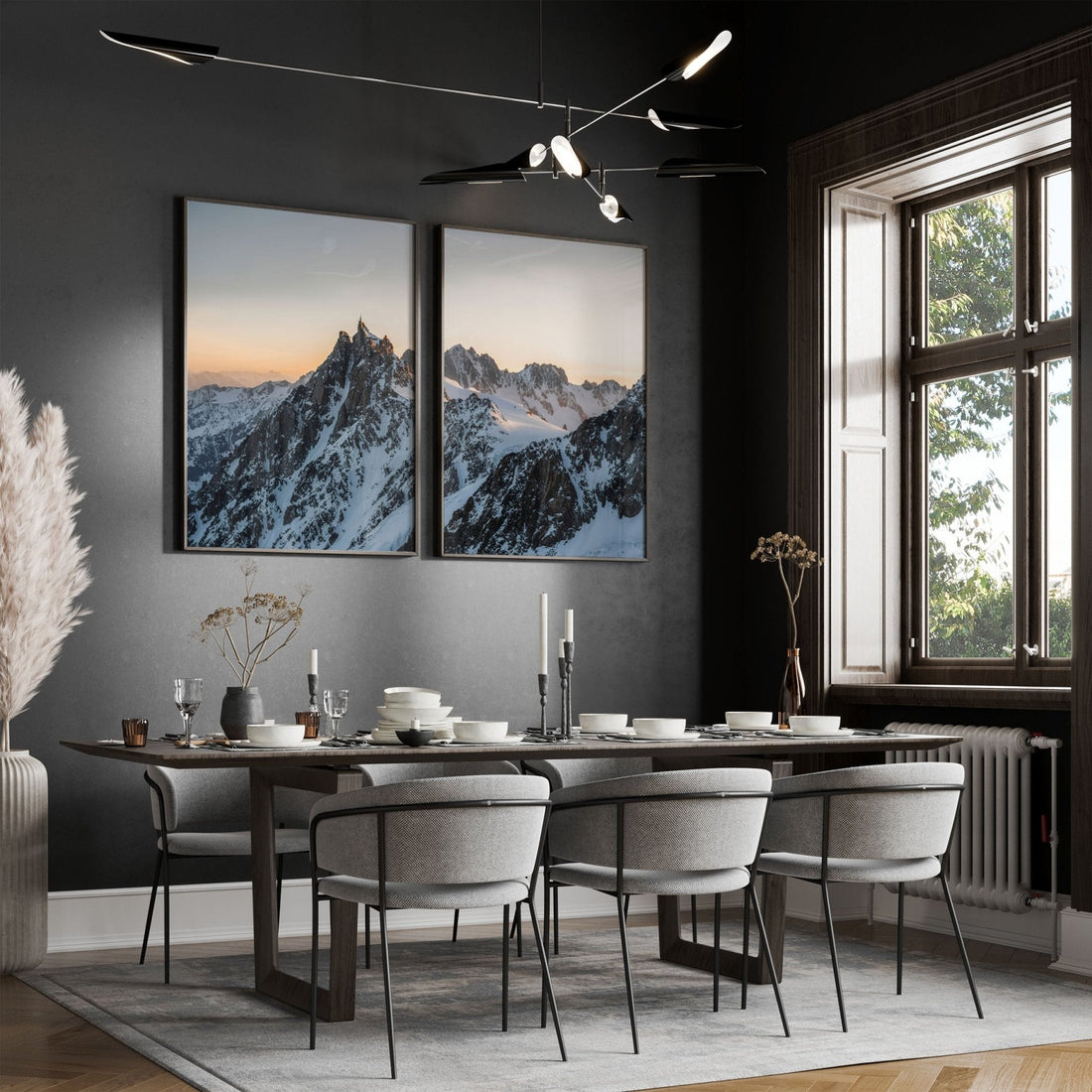 Dual framed Aiguille du Midi landscapes in minimalist black frames against a clean white wall