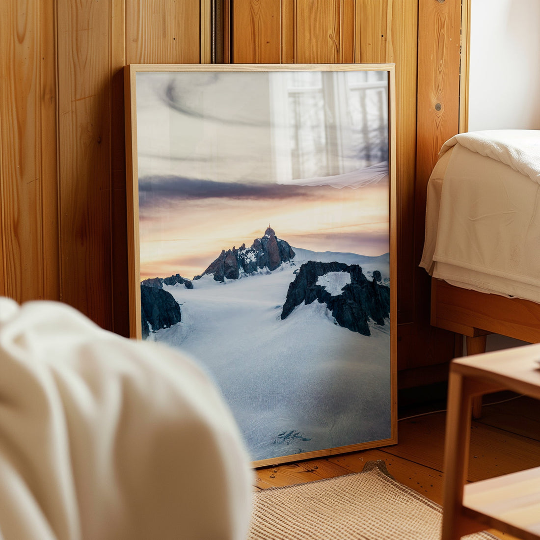 Fine art print of Aiguille du Midi in the French Alps, bathed in the soft hues of a mountain sunset.