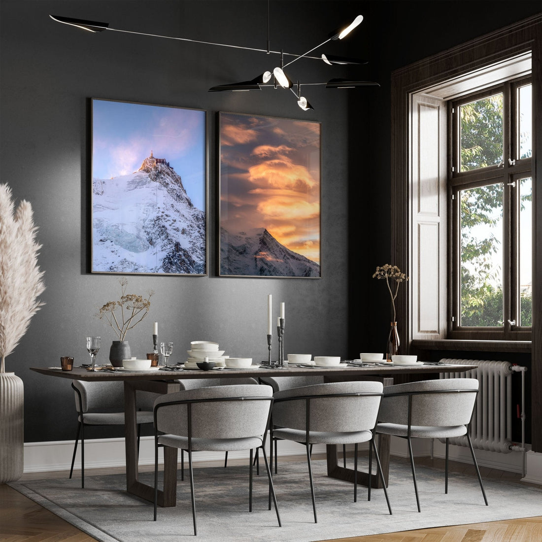 Aiguille du Midi and Aiguille du Goûter wall art pair decorating a modern dining room.