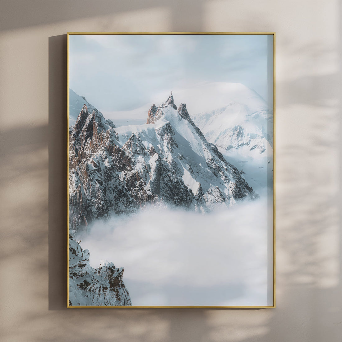 Stunning Aiguille du Midi mountain print capturing the snow-covered peaks of the French Alps in soft light.