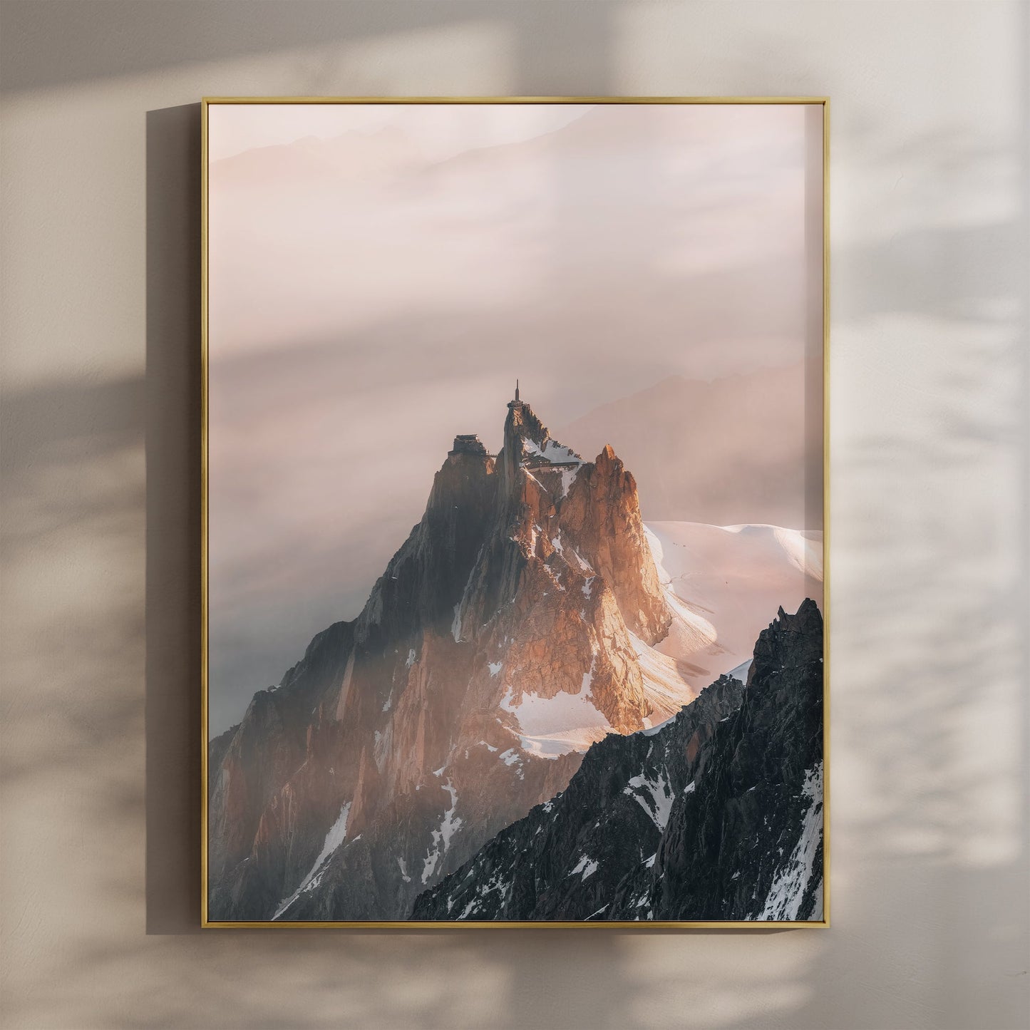 Stunning Aiguille du Midi mountain wall art print with golden sunlight over the French Alps.
