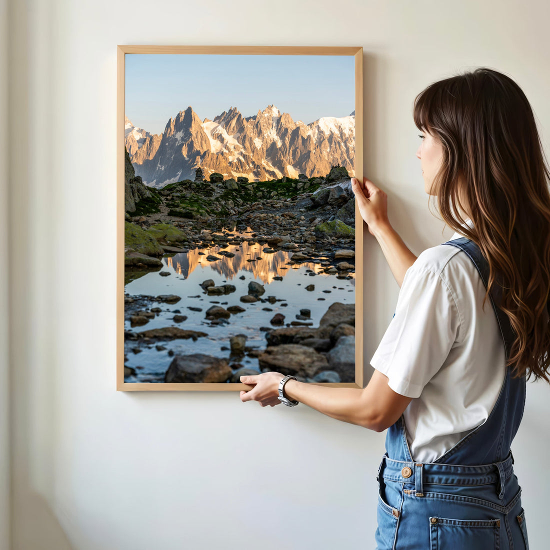 Fine art photo print of Aiguille du Midi, capturing its dramatic peaks reflecting in a still mountain pool.