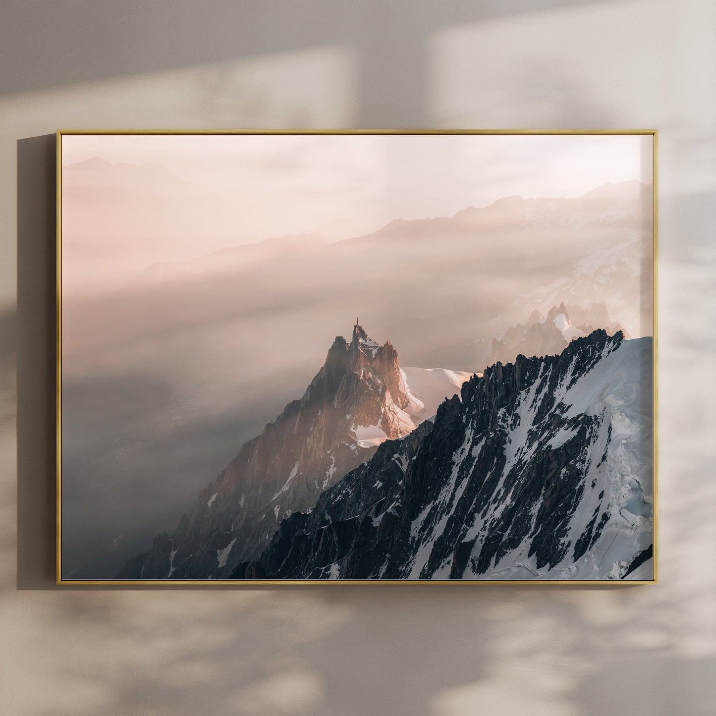 Aiguille du Midi summit wall art print with golden sunrise light over the French Alps and glacier ridge.