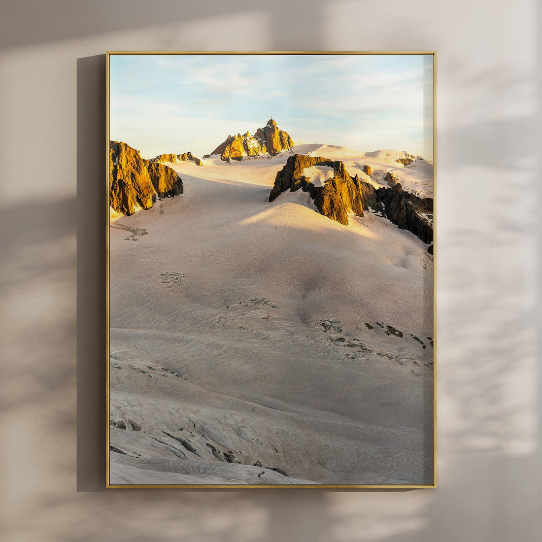 Stunning Aiguille du Midi sunrise print capturing golden light over the snowy peaks of Chamonix.