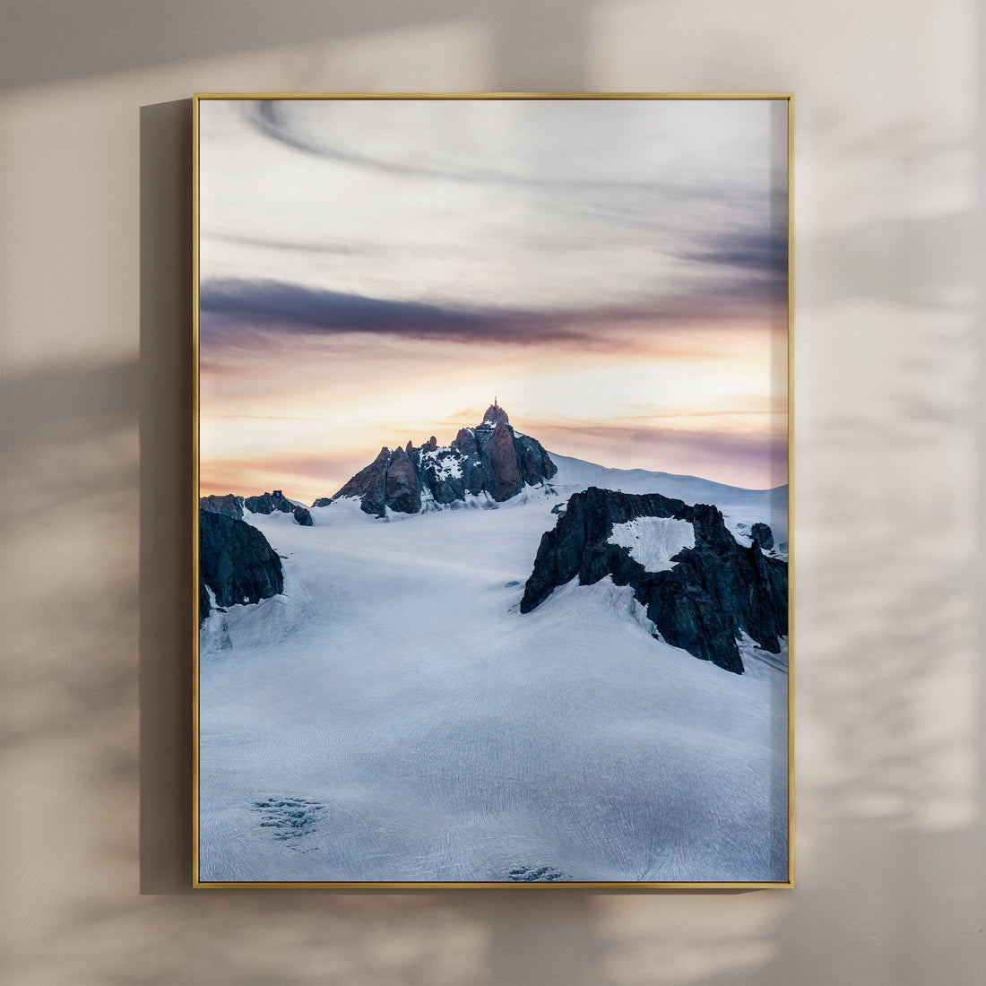 Stunning Aiguille du Midi sunset print showcasing golden light over snow-capped peaks in Chamonix.