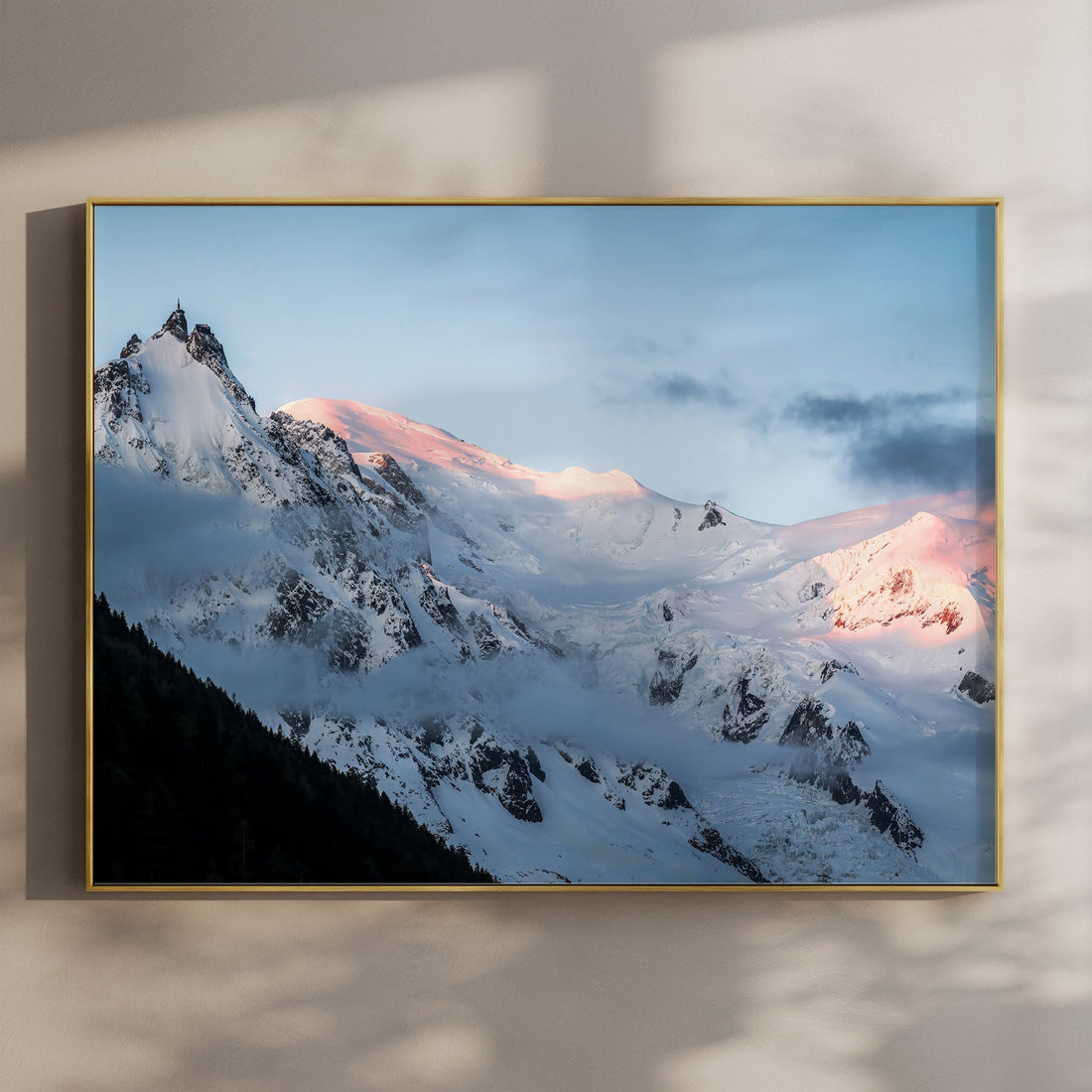 Glowing sunset over Aiguille du Midi in this Mont Blanc wall art print from Chamonix, France.