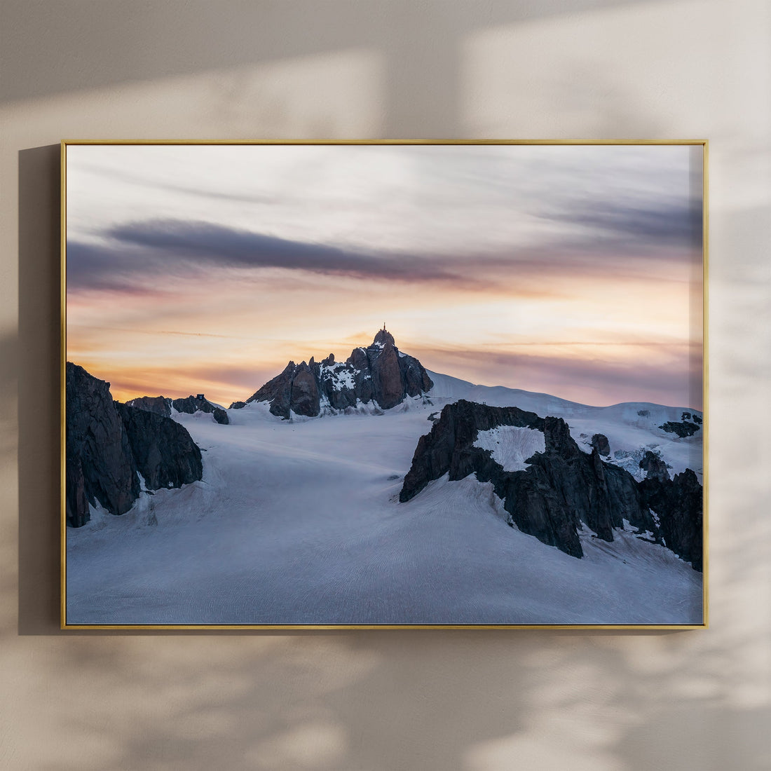 Fine art Aiguille du Midi wall art print featuring a dramatic sunset above the snowy Chamonix glaciers.