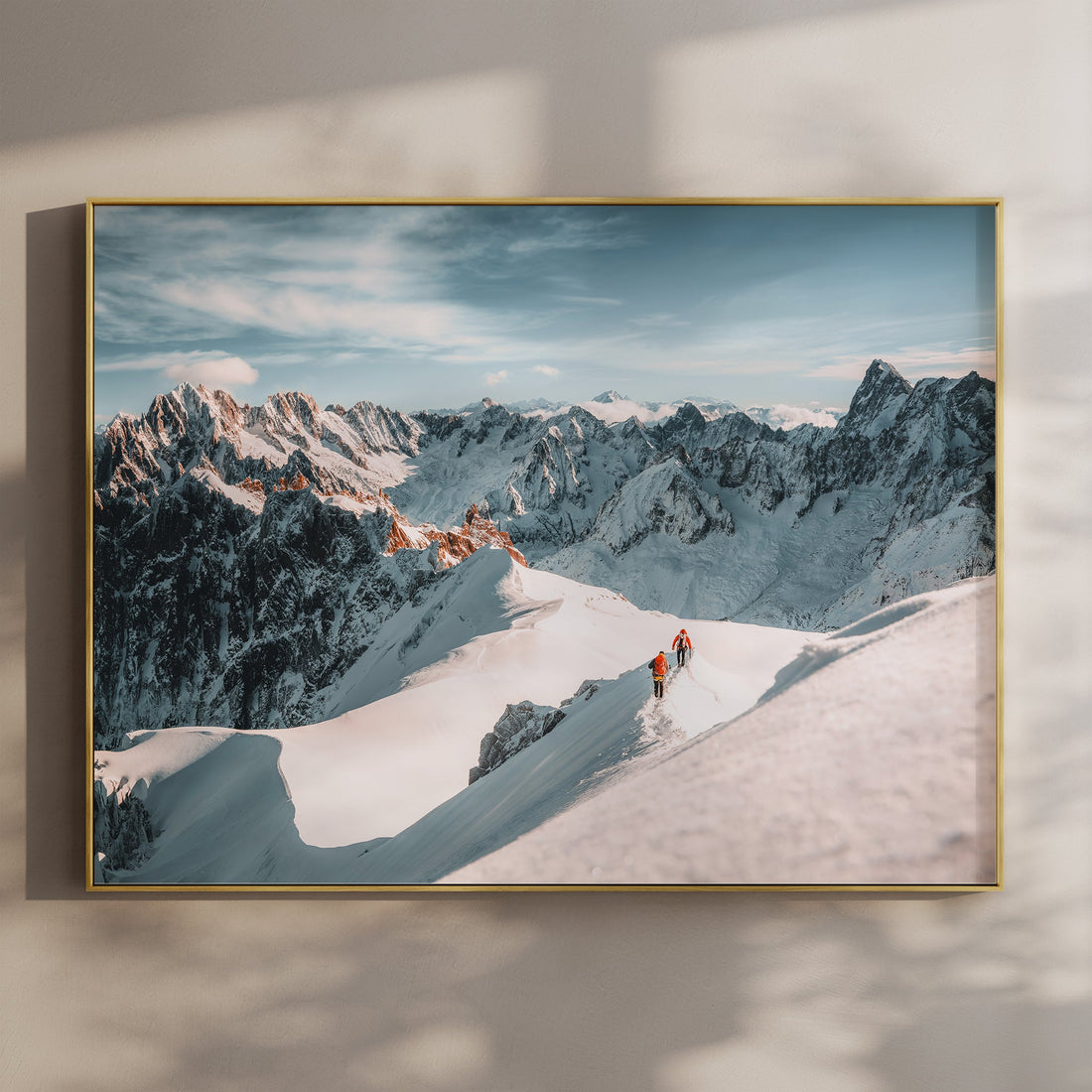 Stunning wall art print of climbers on the Aiguille du Midi ridge in the French Alps under a crisp blue sky.