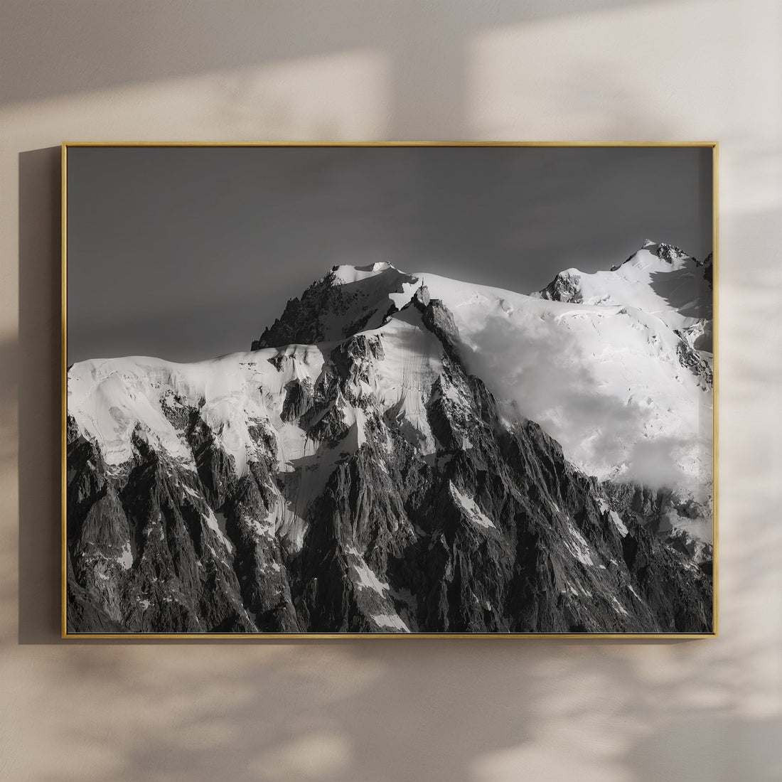 Fine art wall print of Aiguille du Midi in black and white, showcasing the striking snow-covered summit above Chamonix.