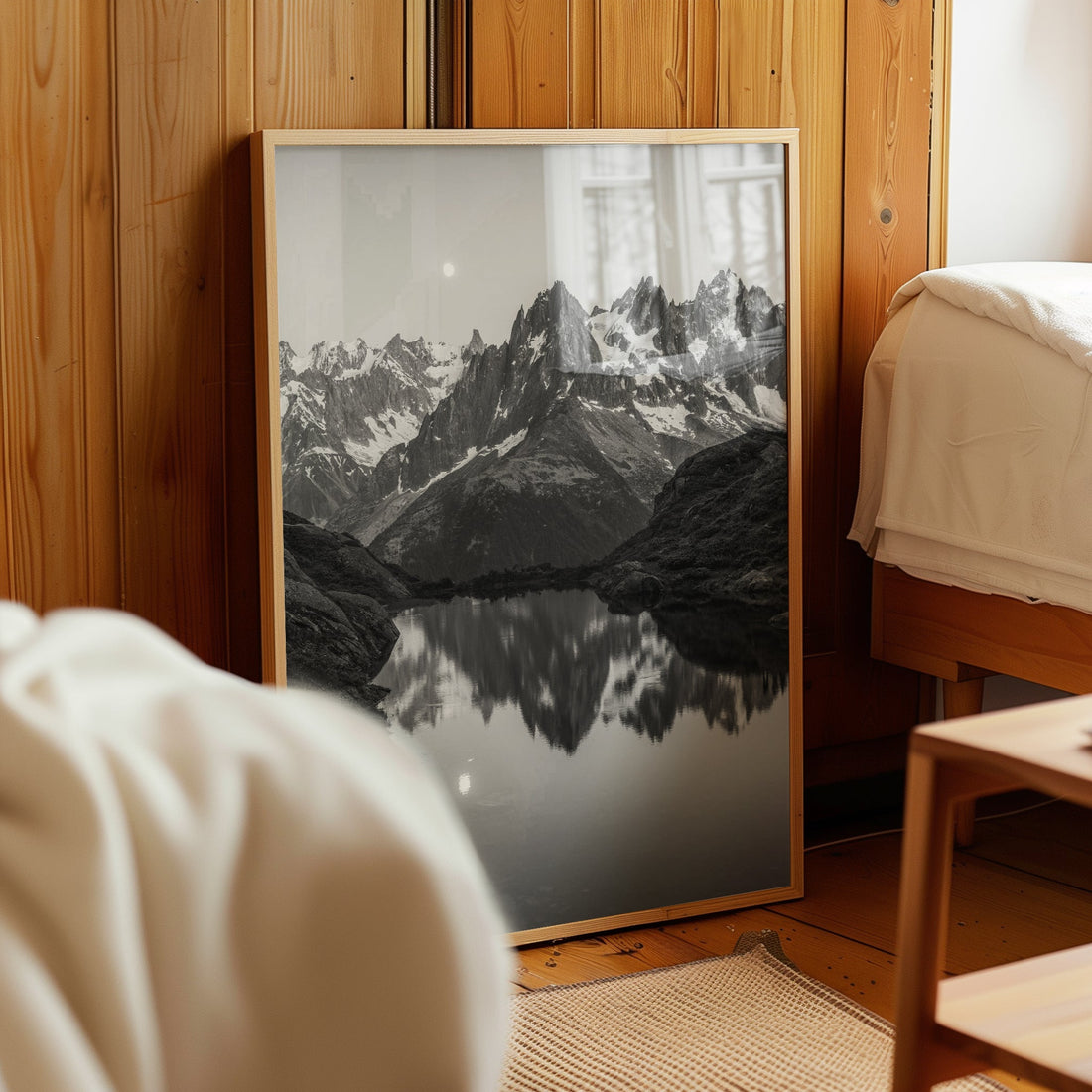 Scenic black and white wall art of Aiguilles Rouges, featuring Lac de la Flégère and a full moon.