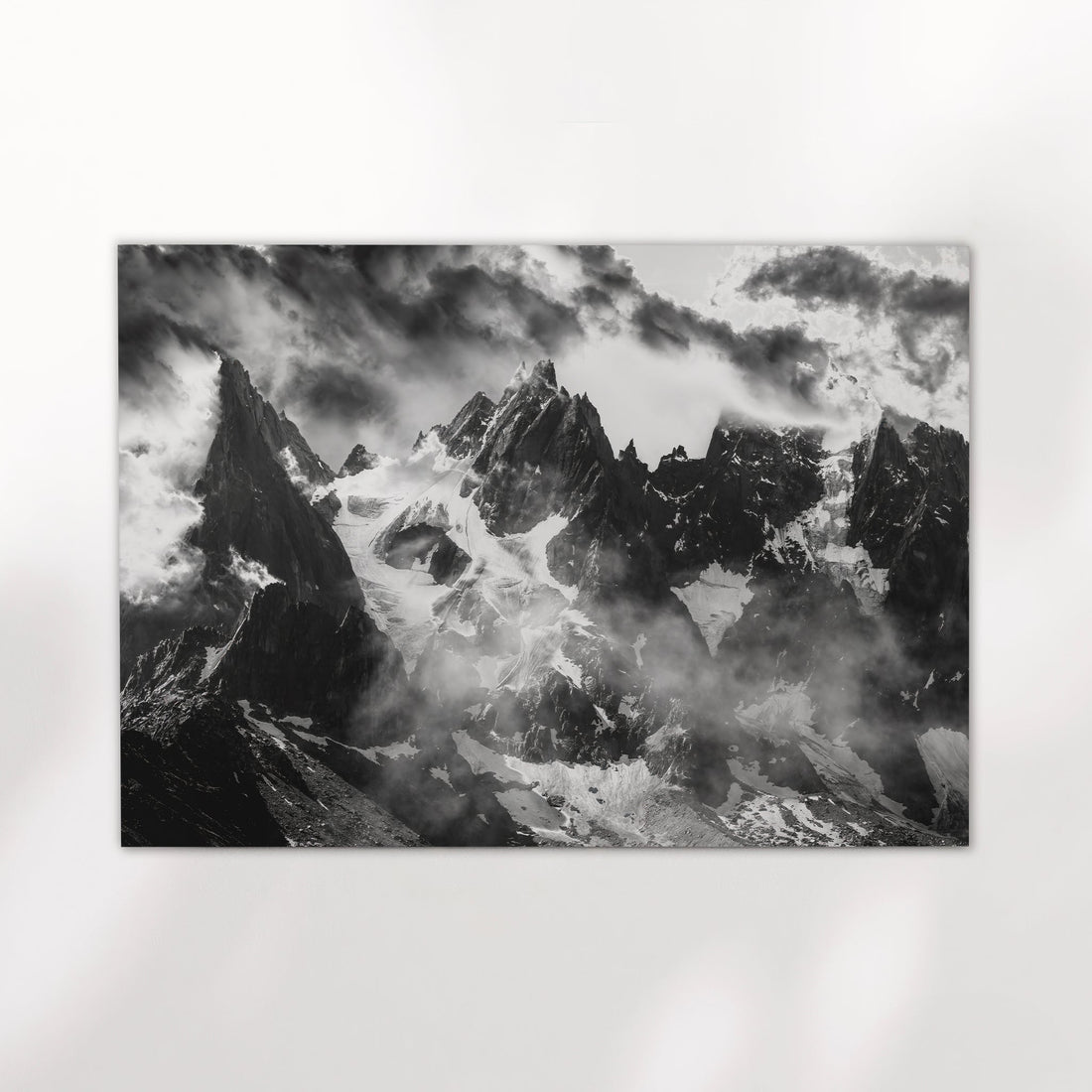 Moody Chamonix photography print featuring Aiguille Verte and jagged peaks cloaked in alpine mist.