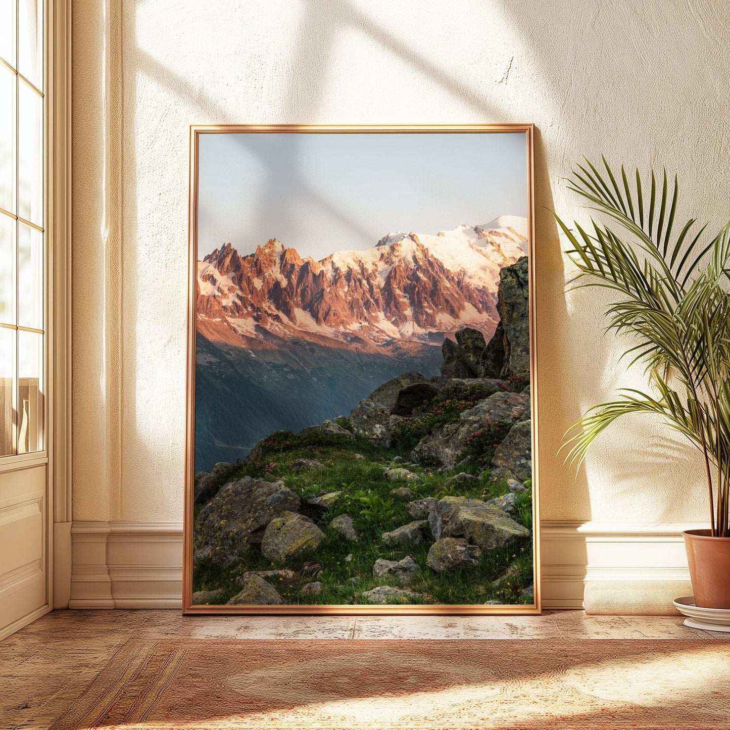 Aiguille Verte and Mer de Glace during sunset, featured in a photographic triptych.
