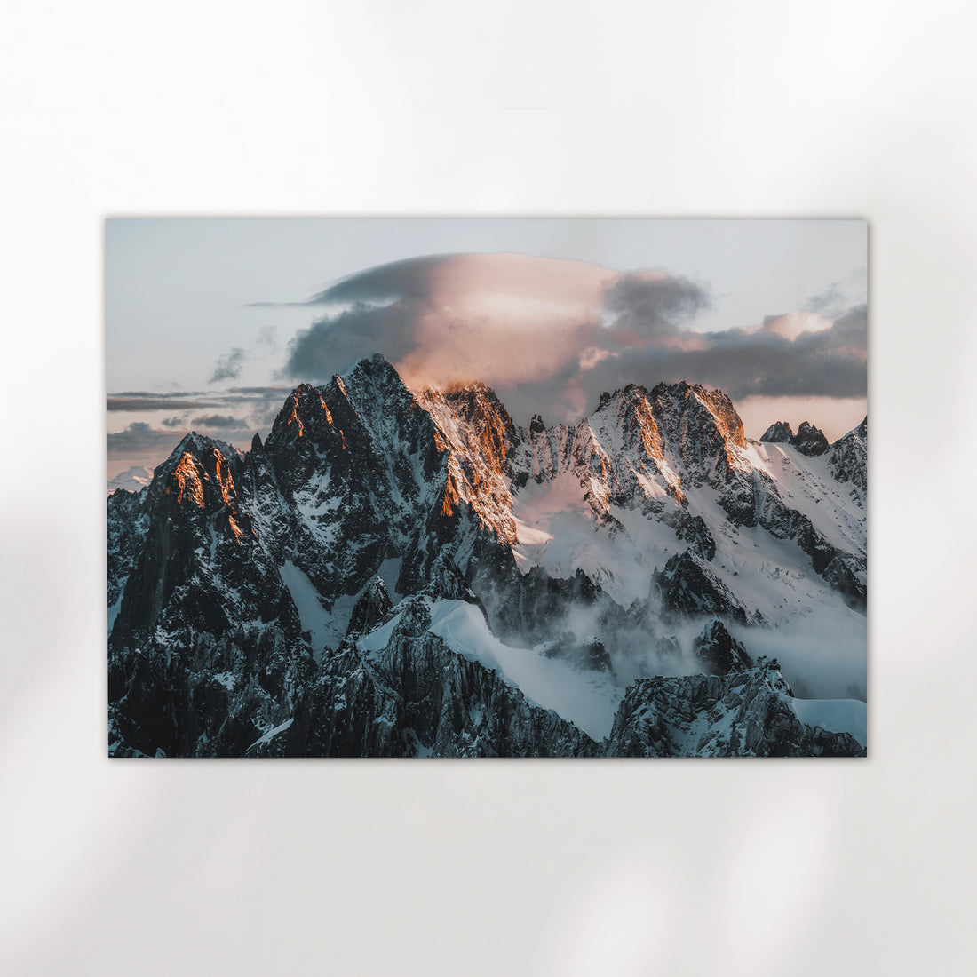 Close-up of Aiguille Verte sunrise print showing warm alpine light and snowy ridges