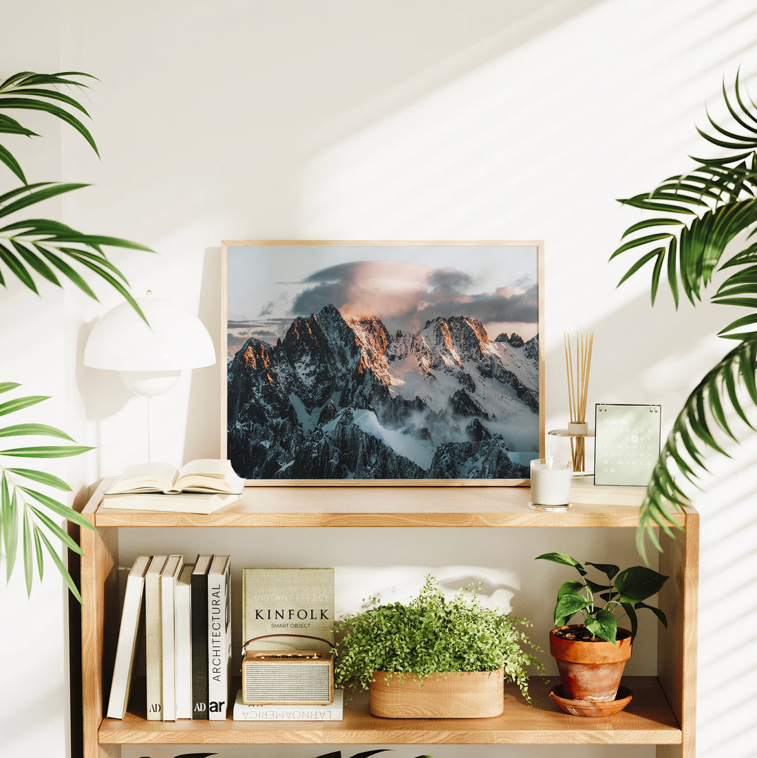 Aiguille Verte sunrise wall art print in bright modern room, Chamonix mountain photography