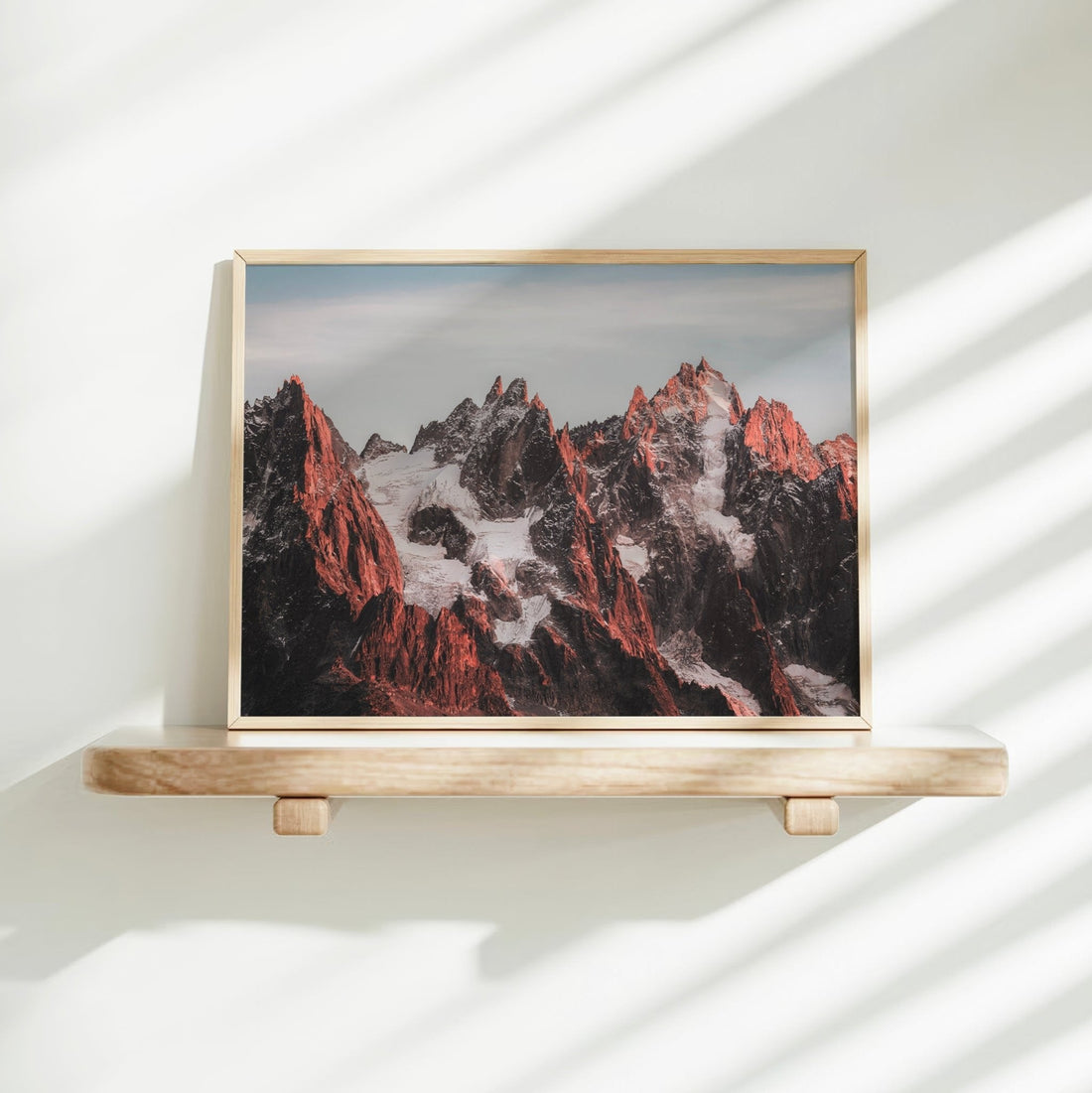 Breathtaking Mont Blanc nature photo print featuring snow-covered Aiguilles peaks in Chamonix