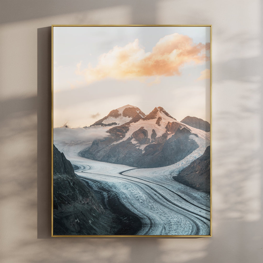 Stunning Aletsch Glacier wall art featuring a glowing sunset over the icy landscape.