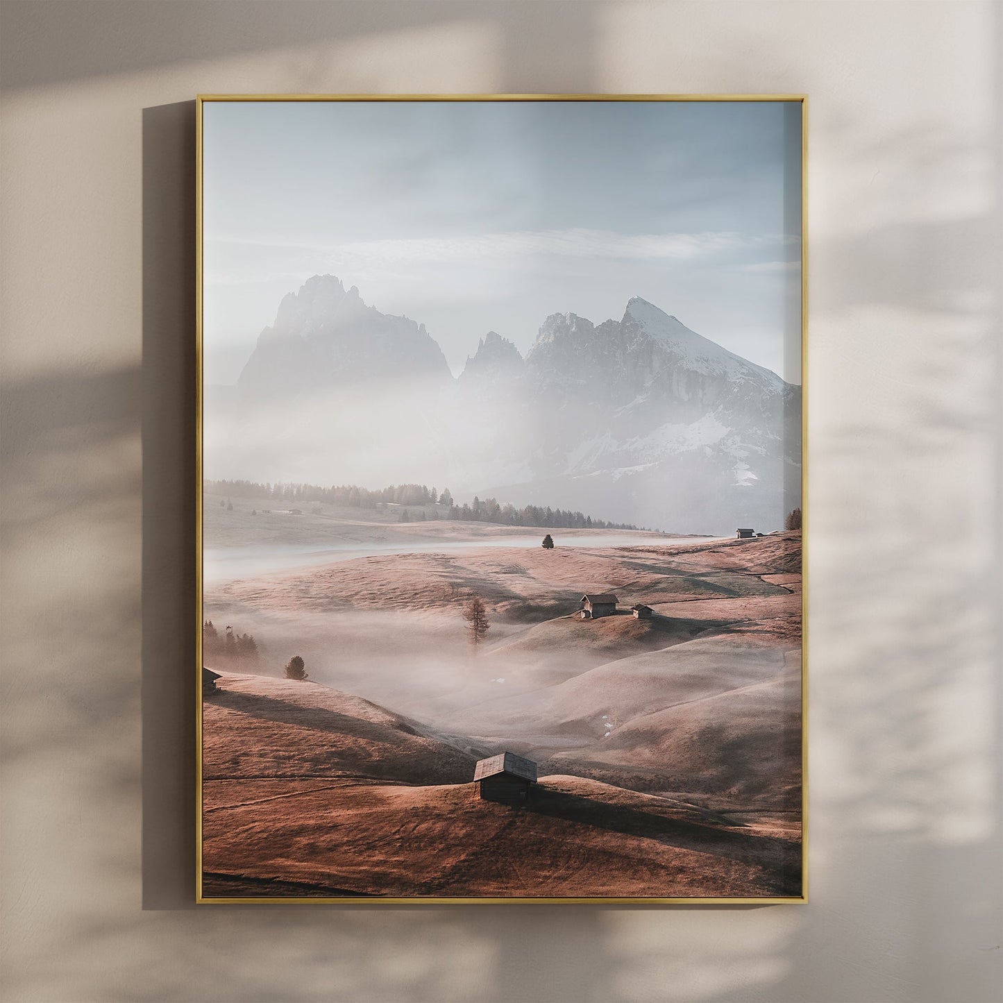 Alpe di Siusi Dolomites wall art print featuring early morning mist and rustic huts in soft alpine light.