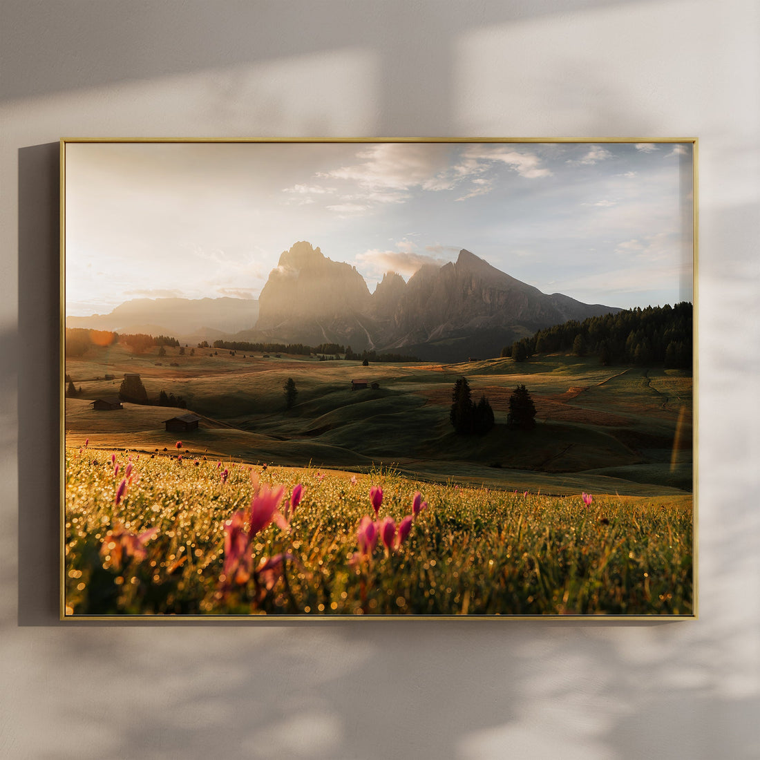 Breathtaking Alpe di Siusi wall art print featuring golden meadows and the Dolomite peaks at sunrise.